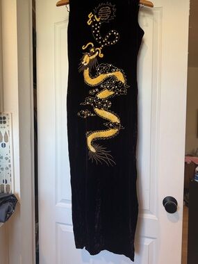 Vintage Velvet Dragon Embroidered Maxi Dress